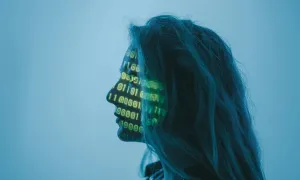 "female profile with data superimposed onto her face"