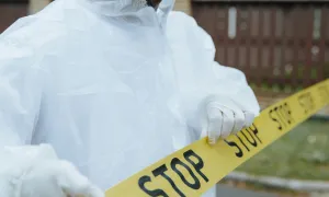 "a man in full protective gear standing behind a barrier of caution tape""