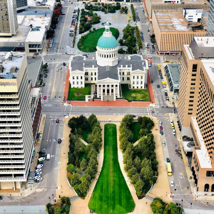 "aerial view of downtown St. Louis "